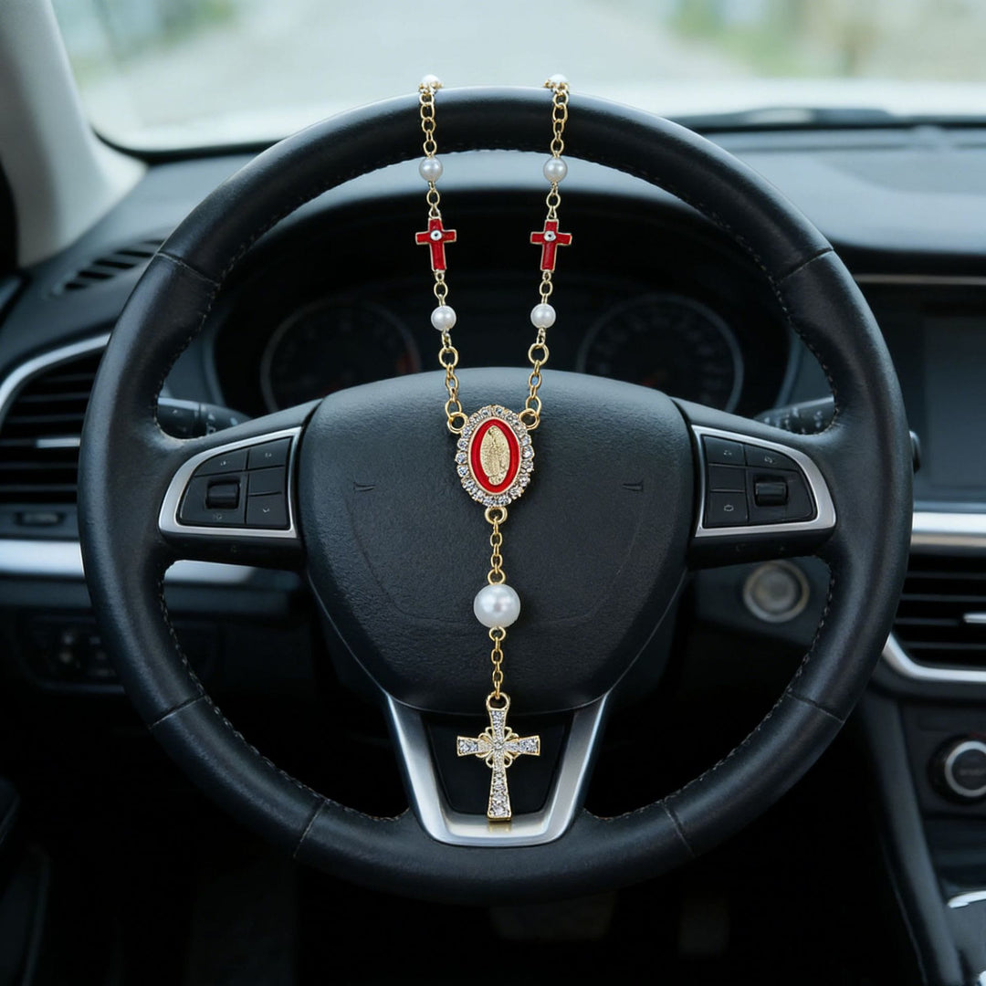 Christianartworkshop Autoanhänger mit Kreuz und Perle, Ikone der Jungfrau Maria: Ein Symbol für sicheres Reisen und Glauben - Rot - image 4