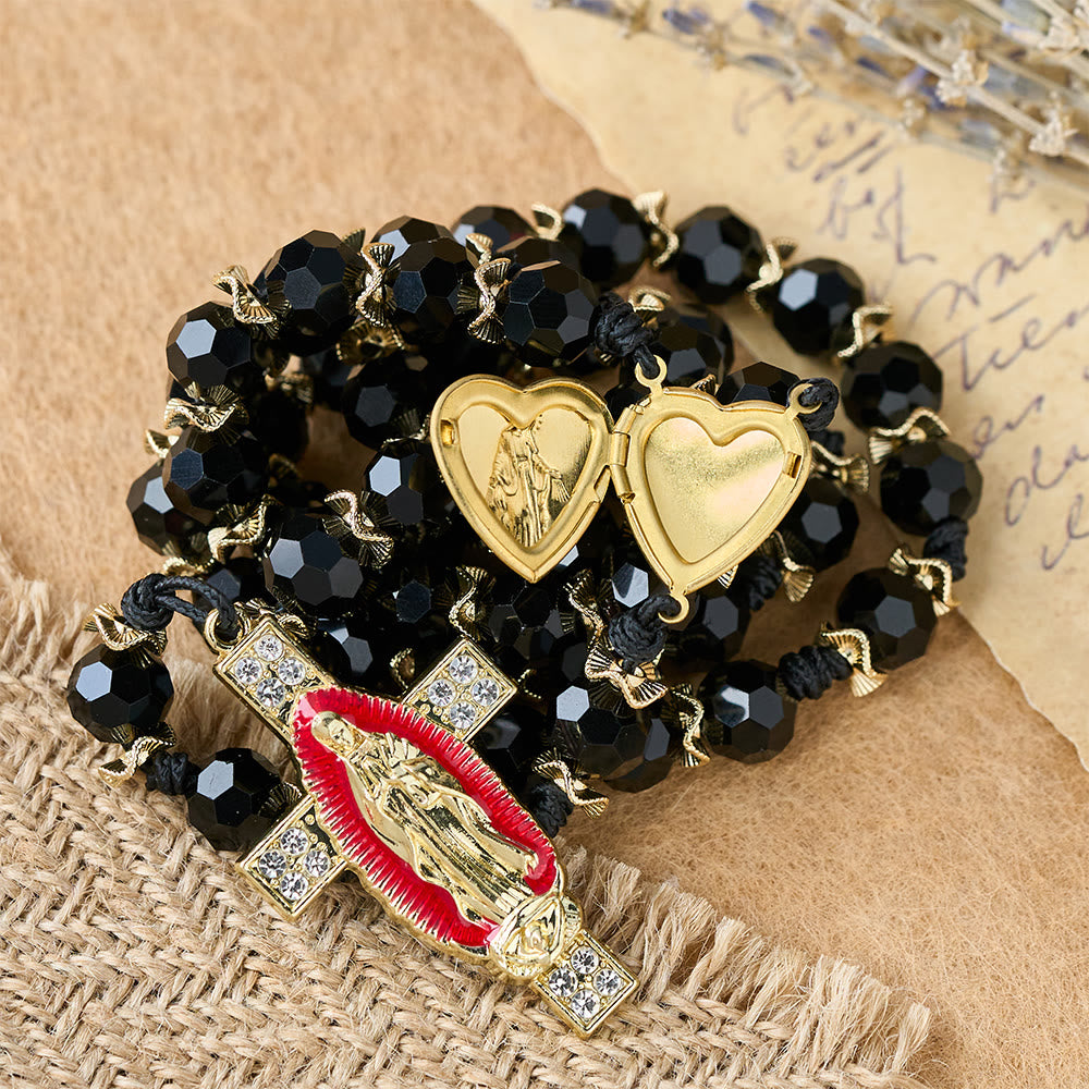 Christianartworkshop Eleganter Rosenkranz aus schwarzem Facettenglas mit rotem Emaille-Kreuz der Jungfrau Maria - image 1
