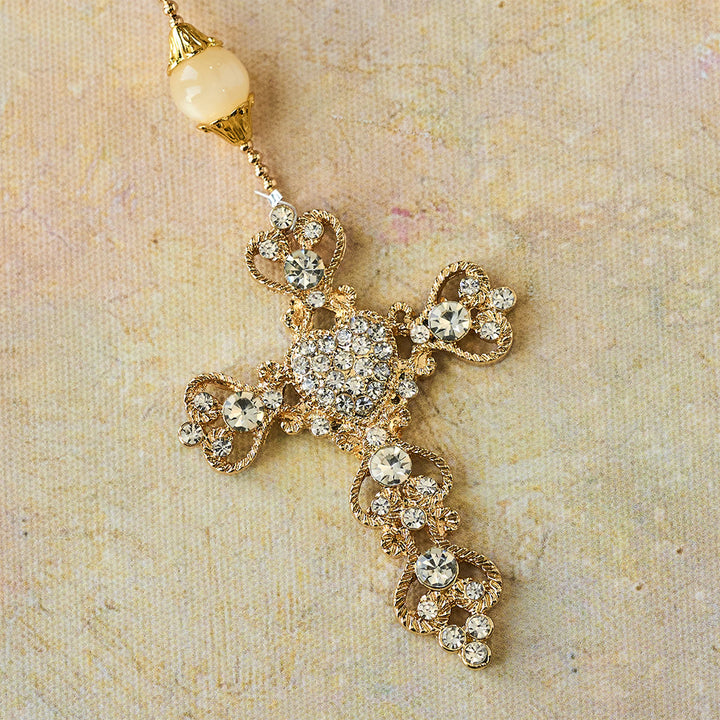 Christianartworkshop Funkelnder goldener Rosenkranz mit goldenen Perlen und der Muttergottes der Gnade - image 7