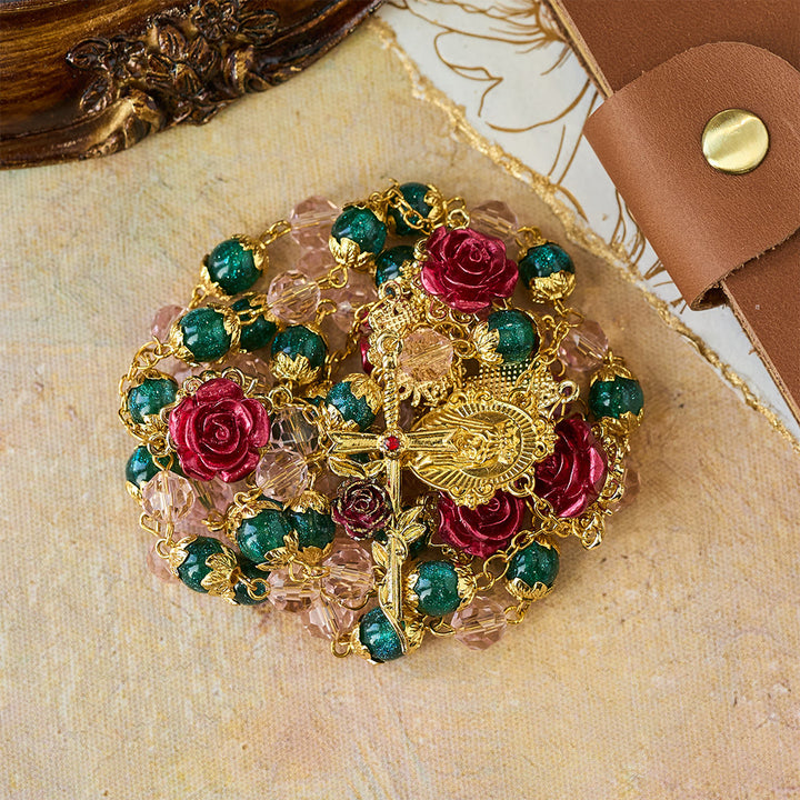 Christianartworkshop Funkelnder Rosenkranz aus grünen und rosa Perlen mit roter Rose und Marienanhänger - image 4