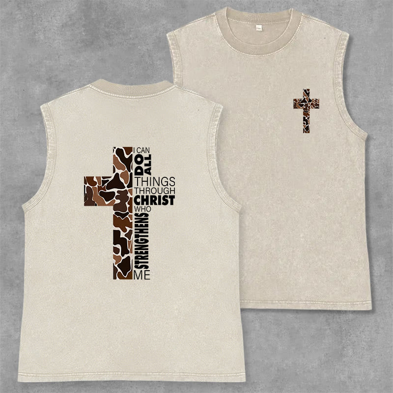 Christianartworkshop Ich vermag alles durch Christus Camo Cross Unisex Washed Tank Top - Beige - 2XL - image 15