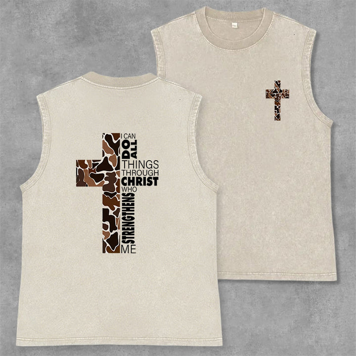 Christianartworkshop Ich vermag alles durch Christus Camo Cross Unisex Washed Tank Top - Beige - 2XL - image 15