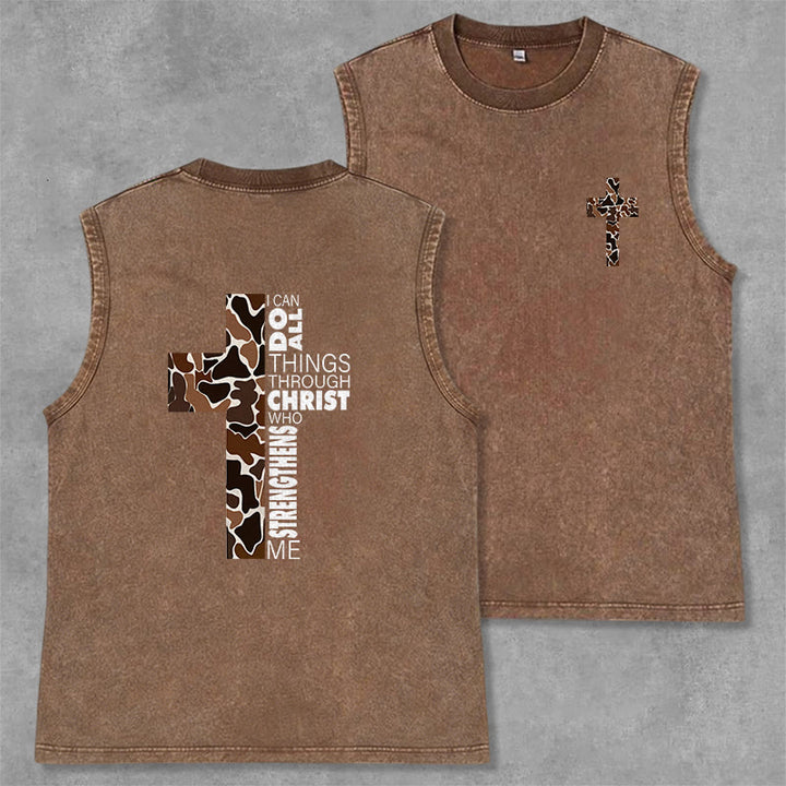 Christianartworkshop Ich vermag alles durch Christus Camo Cross Unisex Washed Tank Top - Braun - 2XL - image 22