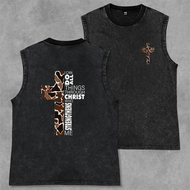 Christianartworkshop Ich vermag alles durch Christus Camo Cross Unisex Washed Tank Top - Schwarz - 2XL - image 1