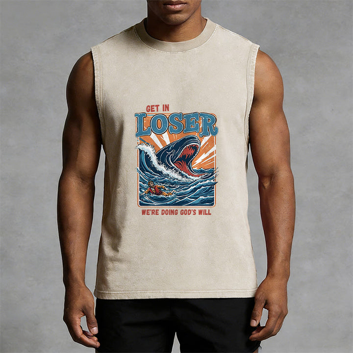 Christianartworkshop Steig ein, Verlierer! Wir tun Gottes Willen! Jonah Unisex-Tanktop (gewaschen) - image 1