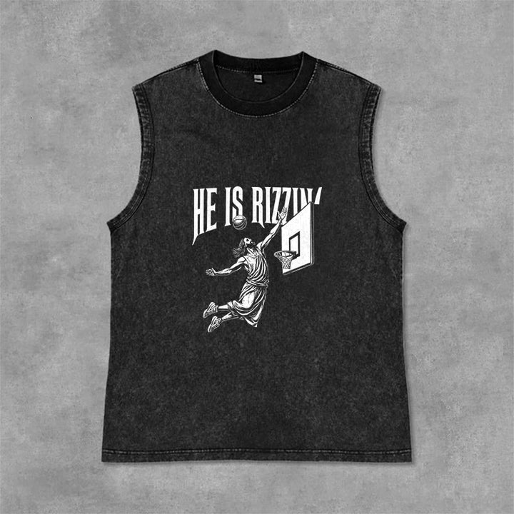 Christianartworkshop He Is Rizzin' Jesus Basketball Unisex Washed Tank Top - Schwarz - 2XL - image 6