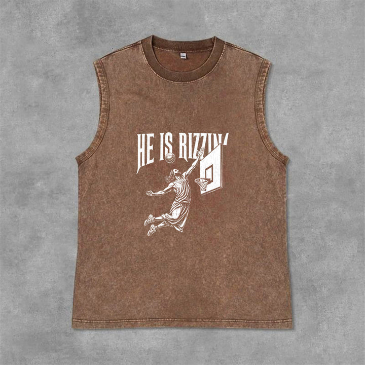 Christianartworkshop He Is Rizzin' Jesus Basketball Unisex Washed Tank Top - Braun - 2XL - image 12