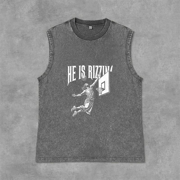 Christianartworkshop He Is Rizzin' Jesus Basketball Unisex Washed Tank Top - Grau - 2XL - image 0