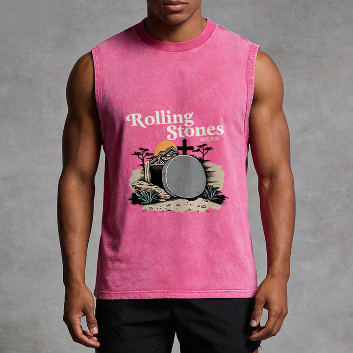 Christianartworkshop He Is Risen Rolling Stones Unisex Washed Tank Top - image 13