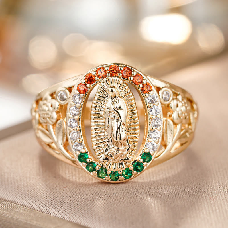 Christianartworkshop Zirkonbesetzter Marienring mit floralem Design: Elegante Erinnerung an unerschütterlichen Glauben - US 10 - image 0