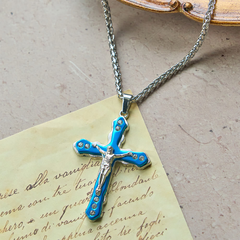 Christianartworkshop Blau/Silberne, detailreich gestaltete Kruzifix-Halskette: Ein heiliges Accessoire für Andacht - image 5