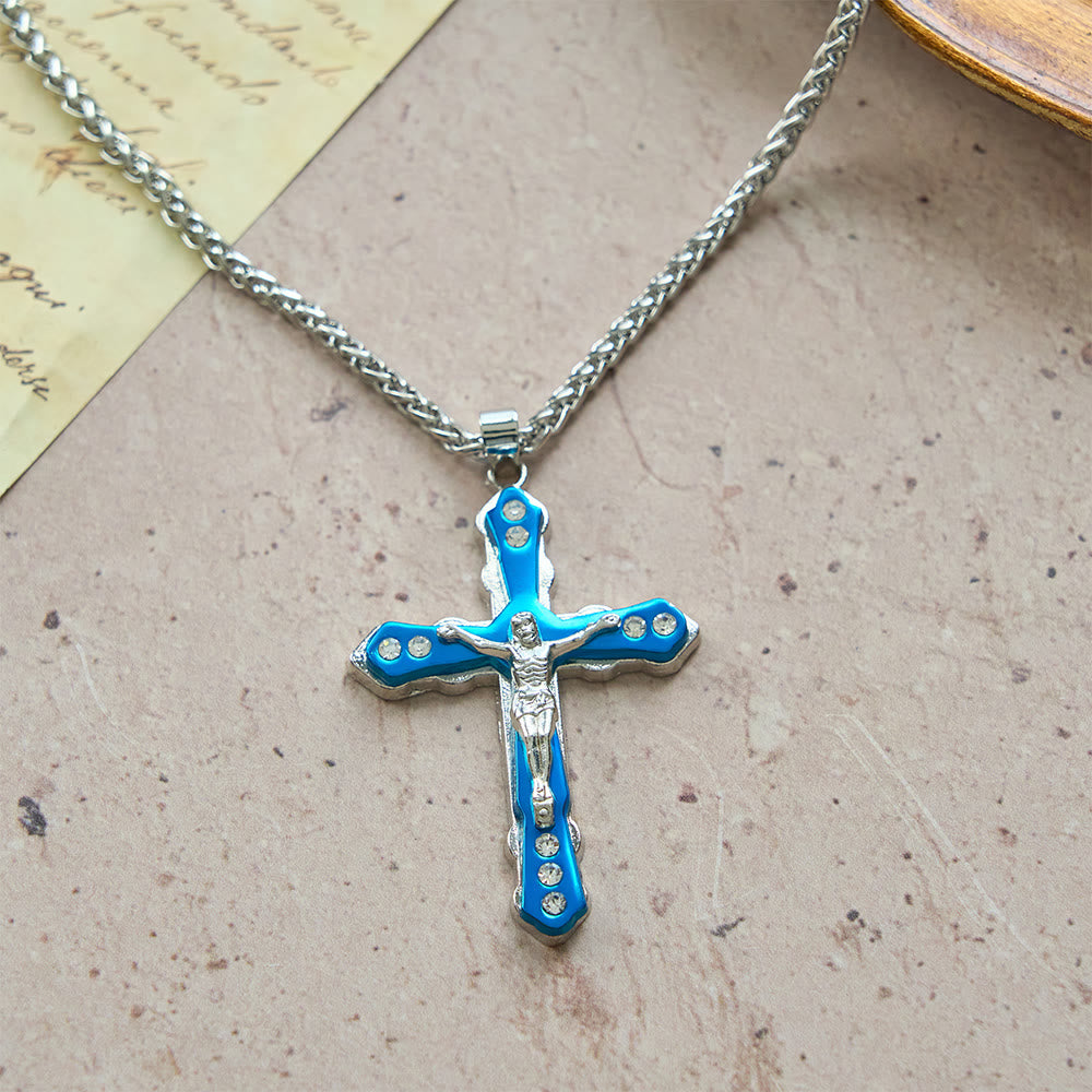 Christianartworkshop Blau/Silberne, detailreich gestaltete Kruzifix-Halskette: Ein heiliges Accessoire für Andacht - image 4