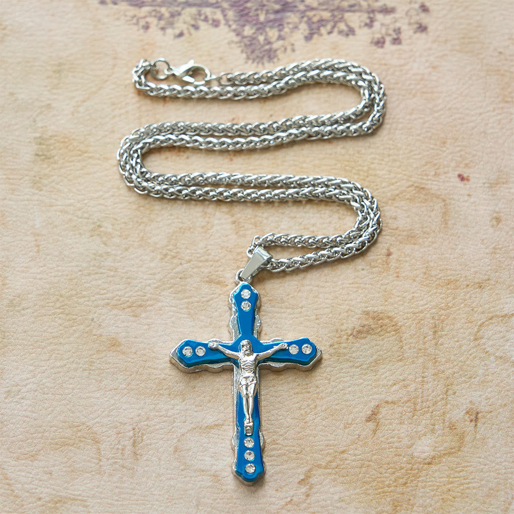 Christianartworkshop Blau/Silberne, detailreich gestaltete Kruzifix-Halskette: Ein heiliges Accessoire für Andacht - image 2