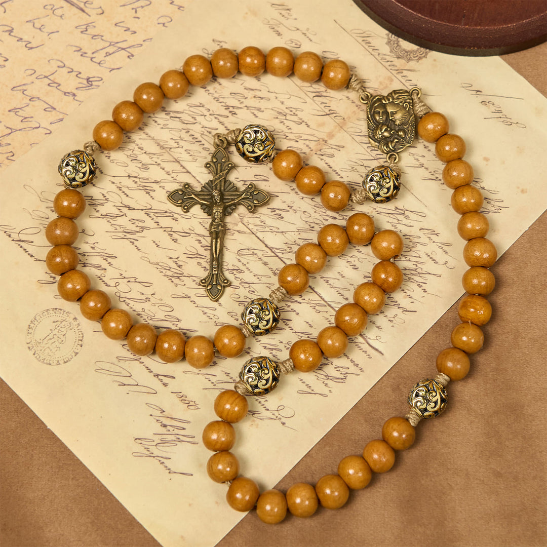 Christianartworkshop Heilige Familie und Kruzifix aus 10 mm Olivenholzperle, handgefertigter Rosenkranz für heilige Gebete - image 0
