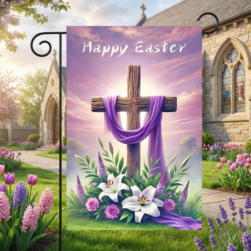 Christianartworkshop FROHE OSTERN Lila Stoff-Gartenfahne mit Kreuz: Symbol der Hoffnung und des neuen Lebens - 90×150 cm (3×5 Fuß) - image 0