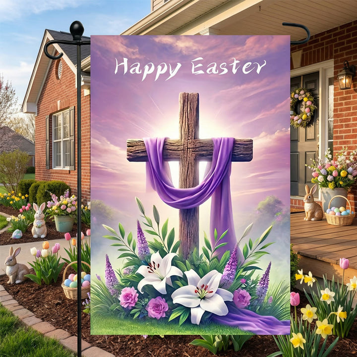Christianartworkshop FROHE OSTERN Lila Stoff-Gartenfahne mit Kreuz: Symbol der Hoffnung und des neuen Lebens - image 4