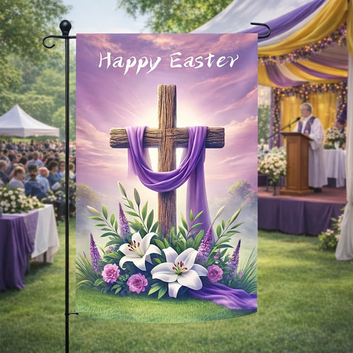 Christianartworkshop FROHE OSTERN Lila Stoff-Gartenfahne mit Kreuz: Symbol der Hoffnung und des neuen Lebens - image 1