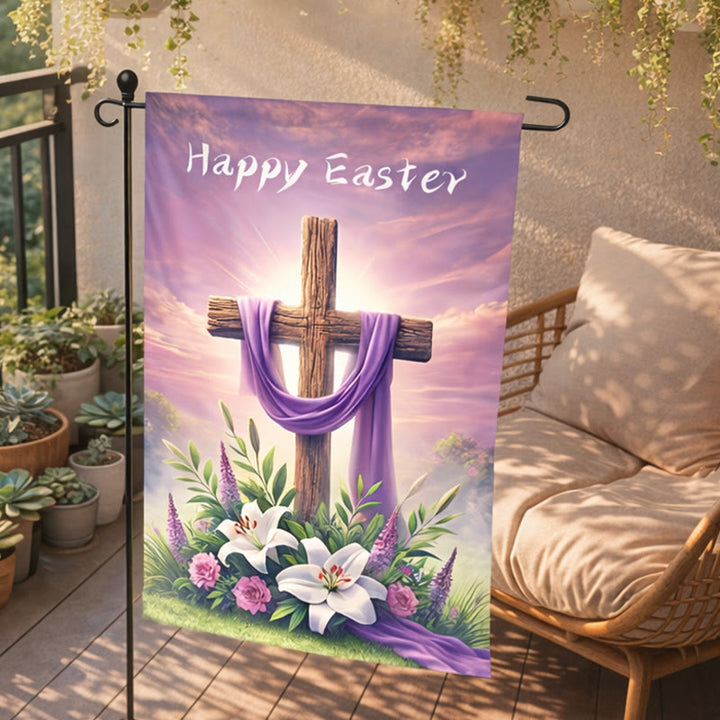 Christianartworkshop FROHE OSTERN Lila Stoff-Gartenfahne mit Kreuz: Symbol der Hoffnung und des neuen Lebens - image 2