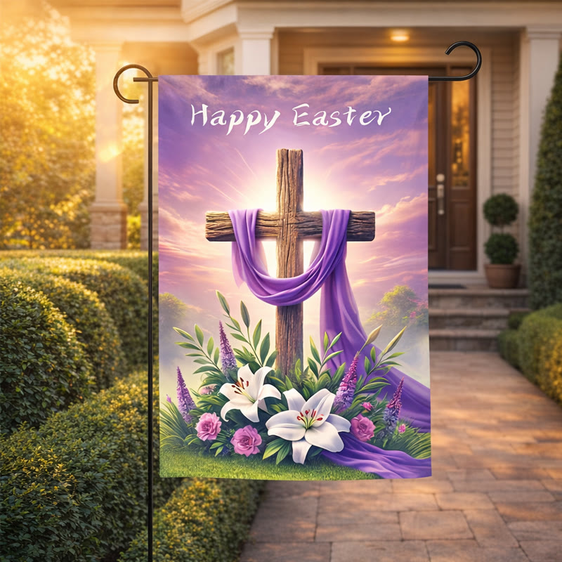 Christianartworkshop FROHE OSTERN Lila Stoff-Gartenfahne mit Kreuz: Symbol der Hoffnung und des neuen Lebens - image 3
