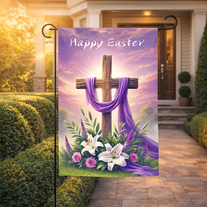 Christianartworkshop FROHE OSTERN Lila Stoff-Gartenfahne mit Kreuz: Symbol der Hoffnung und des neuen Lebens - image 3