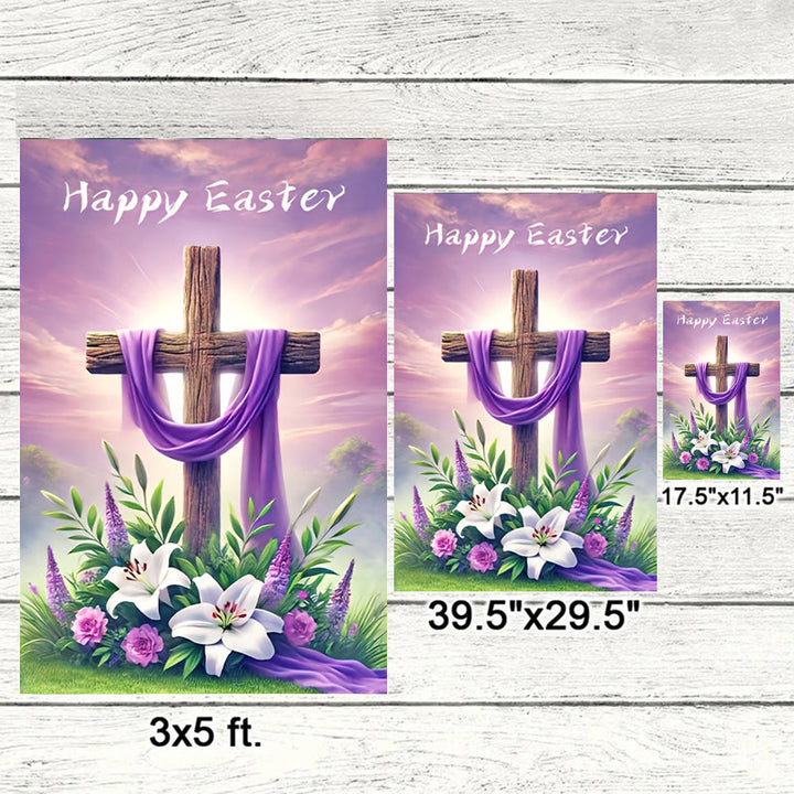 Christianartworkshop FROHE OSTERN Lila Stoff-Gartenfahne mit Kreuz: Symbol der Hoffnung und des neuen Lebens - image 6