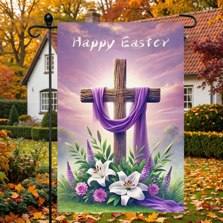 Christianartworkshop FROHE OSTERN Lila Stoff-Gartenfahne mit Kreuz: Symbol der Hoffnung und des neuen Lebens - image 5