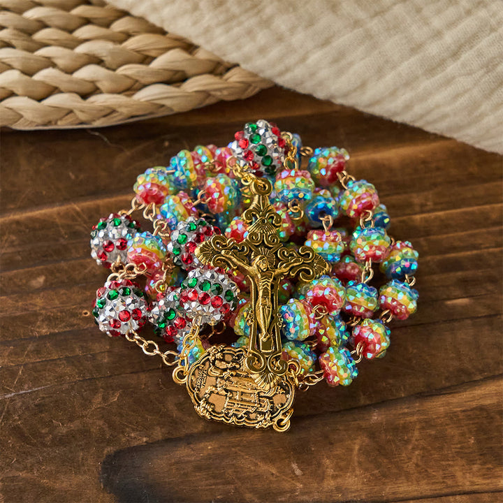 Christianartworkshop: Weihnachtlicher Regenbogenrosenkranz mit goldenem Kreuz: Andacht & lebendiger Glaube - Weihnachtlicher Regenbogenperlen-Rosenkranz - image 0