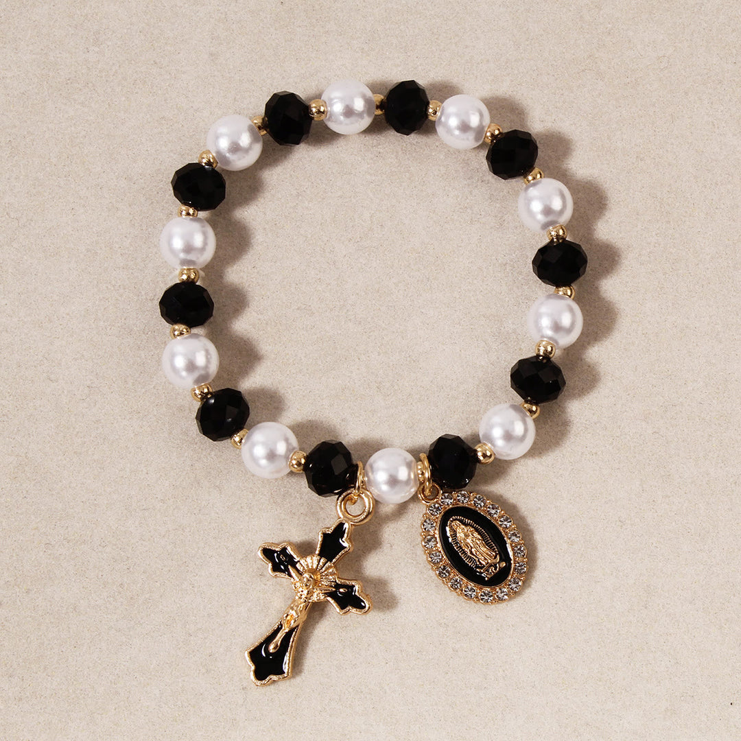 Christianartworkshop Marienmedaillon-Perlenarmband: Marienverzierungen und emaillierter Kreuzanhänger - Schwarz - image 3