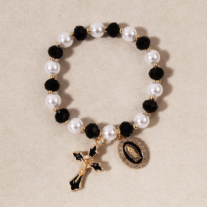 Christianartworkshop Marienmedaillon-Perlenarmband: Marienverzierungen und emaillierter Kreuzanhänger - Schwarz - image 3