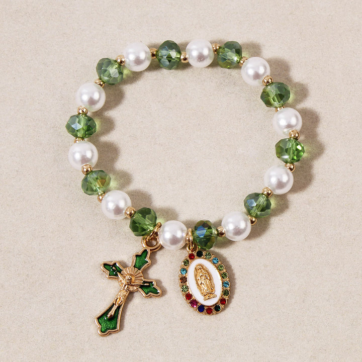Christianartworkshop Marienmedaillon-Perlenarmband: Marienverzierungen und emaillierter Kreuzanhänger - Grün - image 0