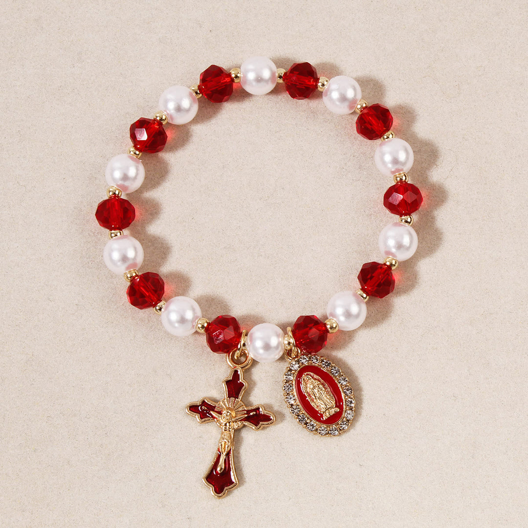 Christianartworkshop Marienmedaillon-Perlenarmband: Marienverzierungen und emaillierter Kreuzanhänger - Rot - image 5