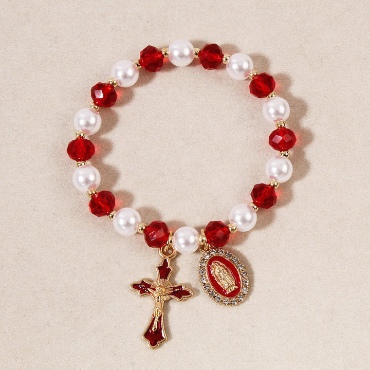Christianartworkshop Marienmedaillon-Perlenarmband: Marienverzierungen und emaillierter Kreuzanhänger - Rot - image 5