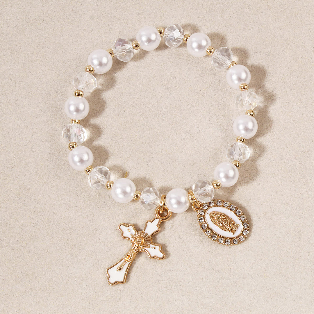 Christianartworkshop Marienmedaillon-Perlenarmband: Marienverzierungen und emaillierter Kreuzanhänger - Weiß - image 2