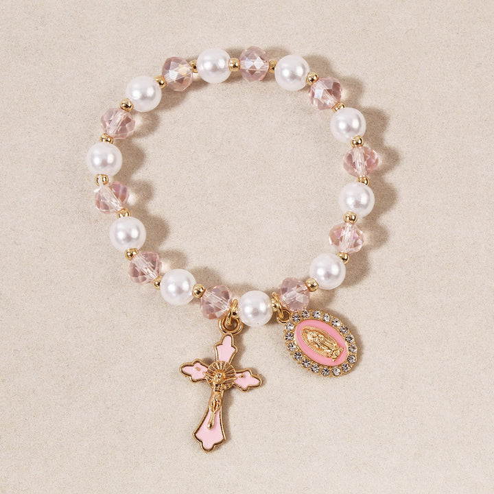 Christianartworkshop Marienmedaillon-Perlenarmband: Marienverzierungen und emaillierter Kreuzanhänger - Rosa - image 4