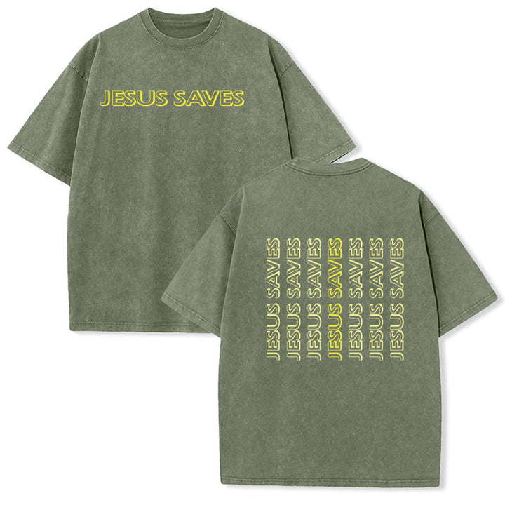 Christianartworkshop Jesus Saves Repeat Text Unisex Washed T-Shirt - Armeegrün - 5XL - image 12