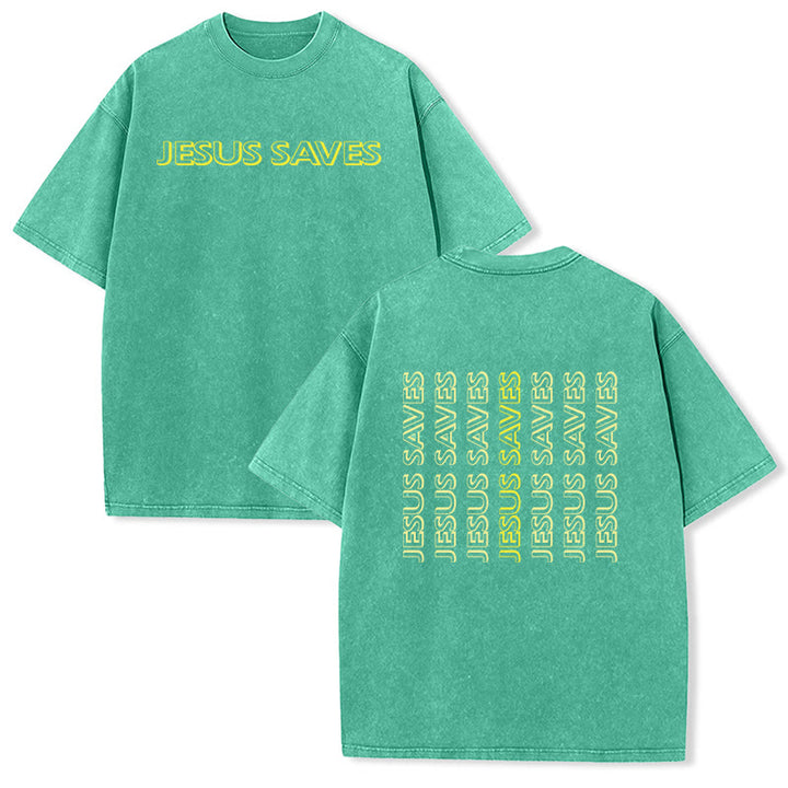 Christianartworkshop Jesus Saves Repeat Text Unisex Washed T-Shirt - Grün - 5XL - image 9