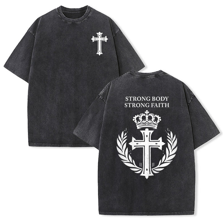 Christianartworkshop Starker Körper, starker Glaube, Kreuzkrone, Unisex-T-Shirt (vorgewaschen) - Schwarz - 5XL - image 3