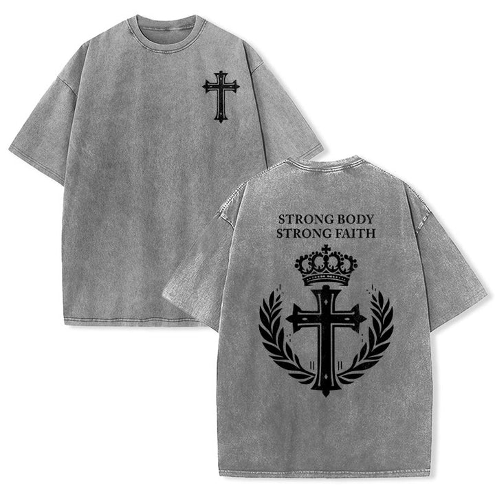 Christianartworkshop Starker Körper, starker Glaube, Kreuzkrone, Unisex-T-Shirt (vorgewaschen) - Grau - 5XL - image 0