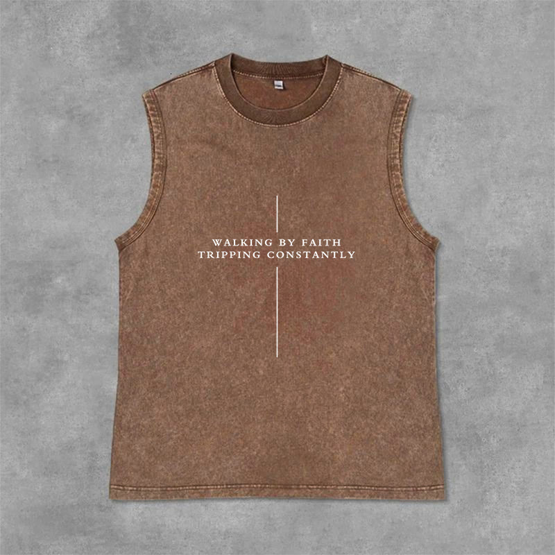 Christianartworkshop Walking By Faith Tripping Constantly Cross Unisex Washed Tank Top - Braun - 2XL - image 9