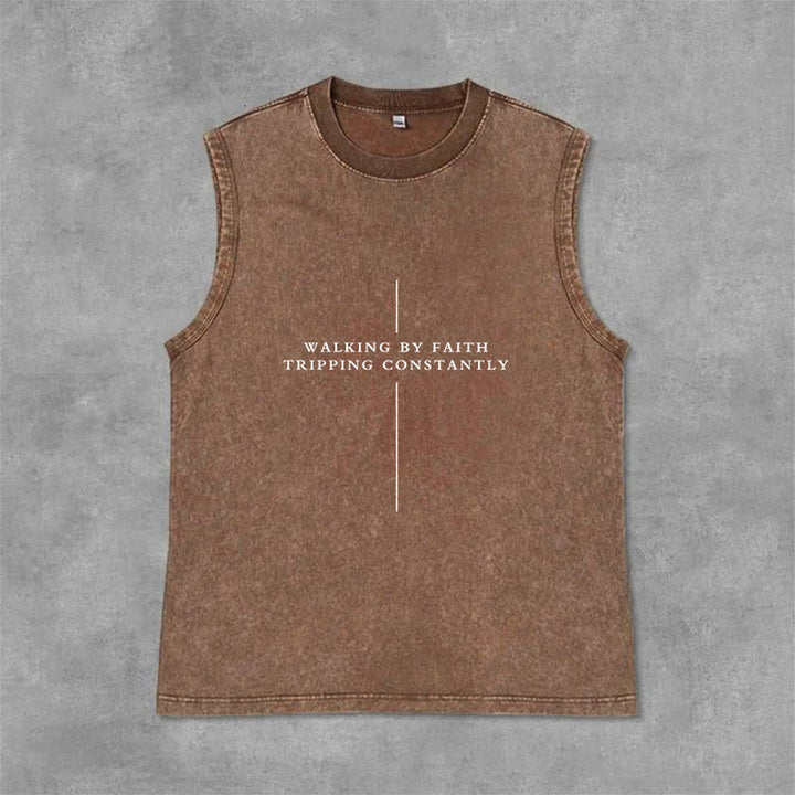 Christianartworkshop Walking By Faith Tripping Constantly Cross Unisex Washed Tank Top - Braun - 2XL - image 9