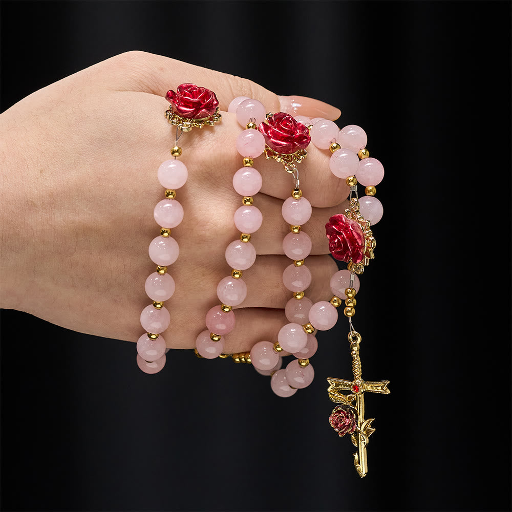 Christianartworkshop Rosenquarz-Rosenkranz mit emaillierten Rosen: Ein Symbol des Glaubens und der unerschütterlichen Liebe - image 1