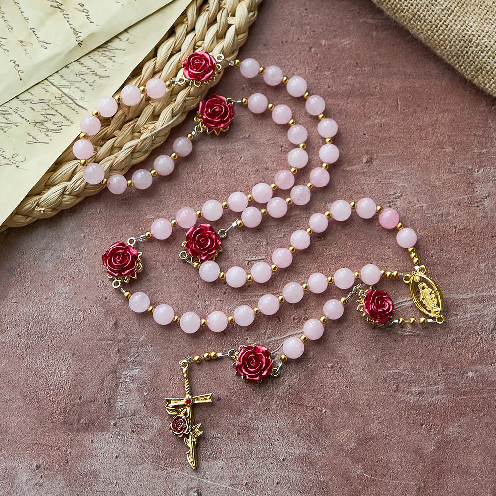 Christianartworkshop Rosenquarz-Rosenkranz mit emaillierten Rosen: Ein Symbol des Glaubens und der unerschütterlichen Liebe - image 2