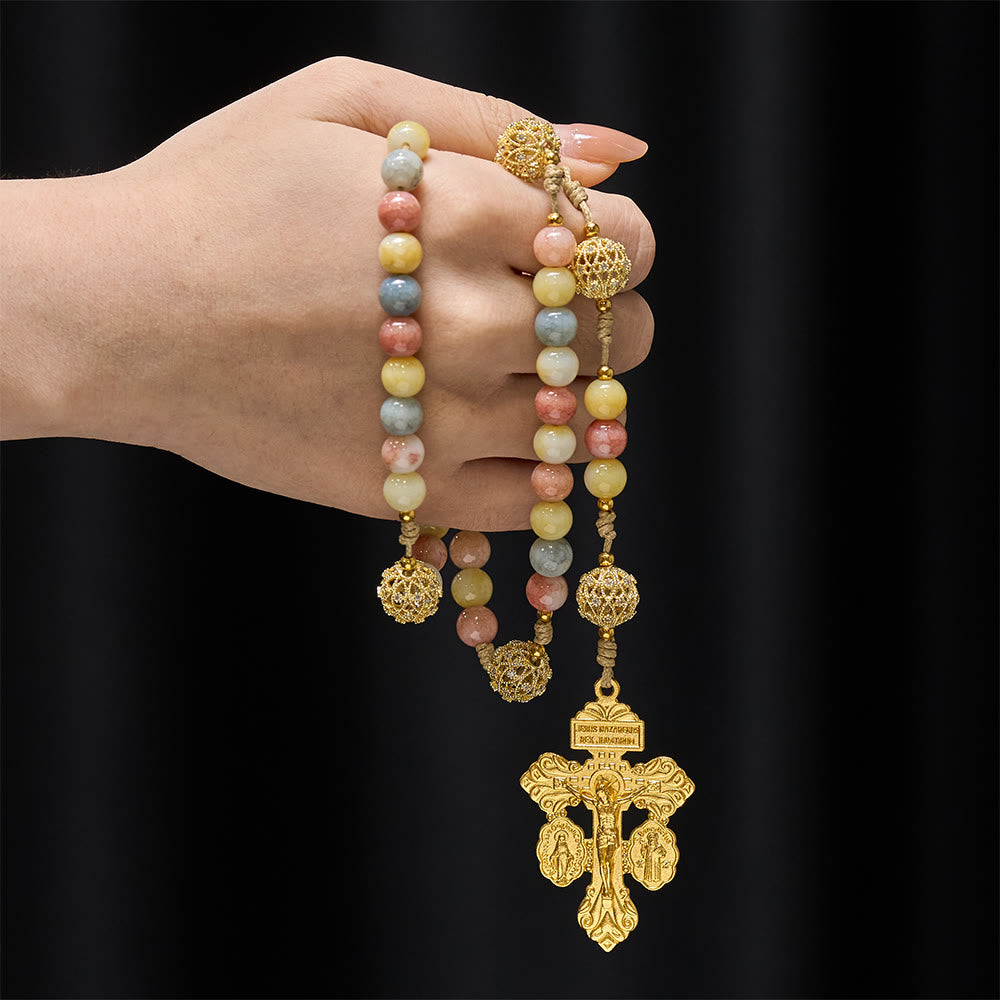 Christianartworkshop Rosenkranz in Pastellfarben mit Goldfiligran: Medaillon-Design „Unsere Liebe Frau“ aus Emaille - image 1