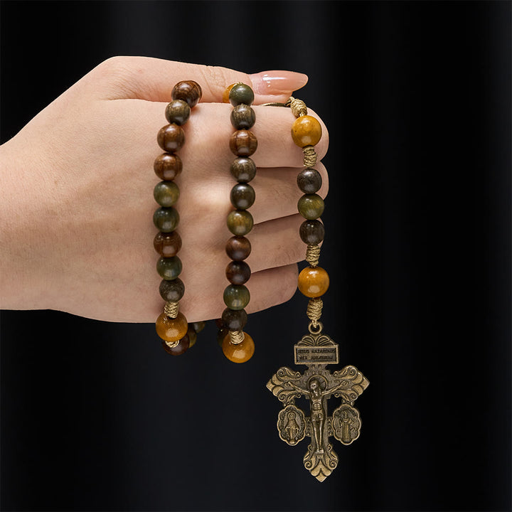 Christianartworkshop Rosenkranz aus Sandelholzperlen mit dem Heiligen Benedikt und Kruzifix: Bronzemedaillon-Design - image 1
