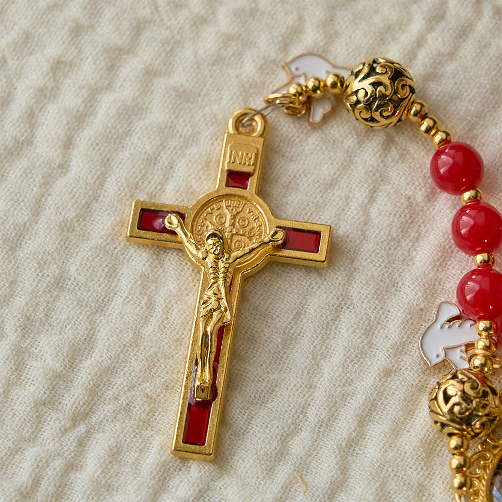 Christianartworkshop Rosenkranz mit der Taube des Heiligen Geistes: Rote Perlen und goldfarbenes Kruzifix für andächtiges Gebet - image 6