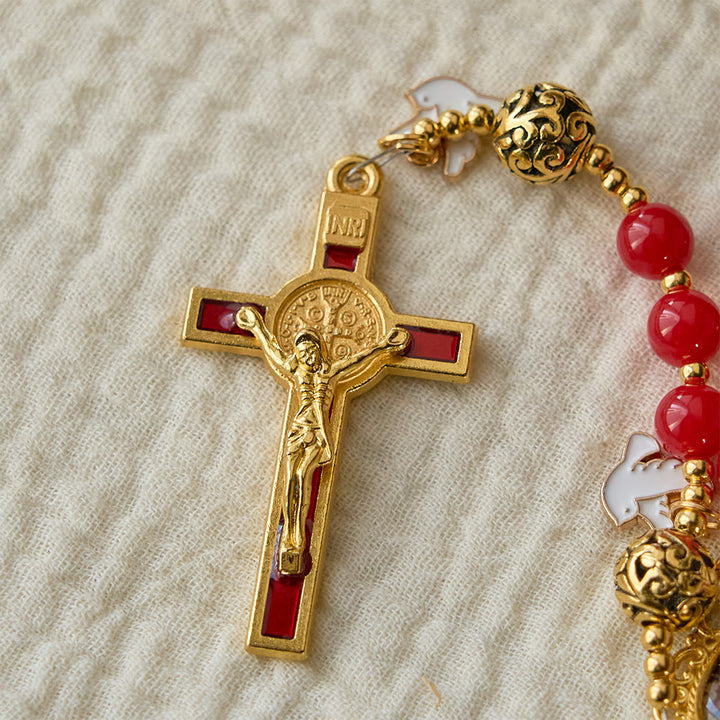 Christianartworkshop Rosenkranz mit der Taube des Heiligen Geistes: Rote Perlen und goldfarbenes Kruzifix für andächtiges Gebet - image 6