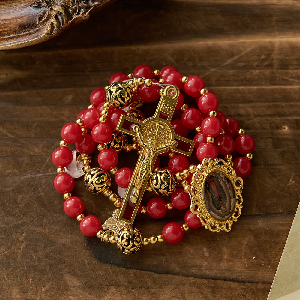 Christianartworkshop Rosenkranz mit der Taube des Heiligen Geistes: Rote Perlen und goldfarbenes Kruzifix für andächtiges Gebet - image 3