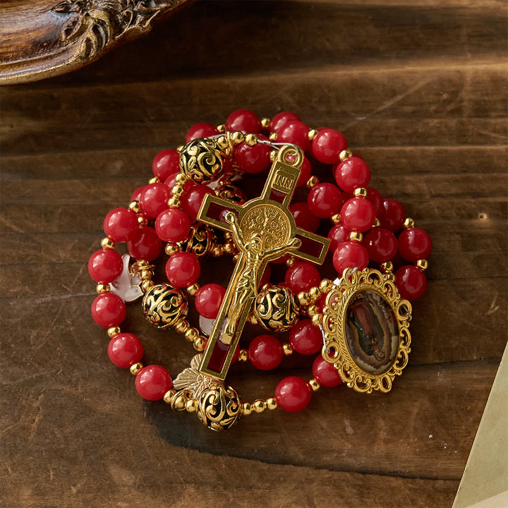 Christianartworkshop Rosenkranz mit der Taube des Heiligen Geistes: Rote Perlen und goldfarbenes Kruzifix für andächtiges Gebet - image 3