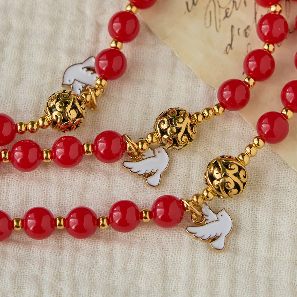 Christianartworkshop Rosenkranz mit der Taube des Heiligen Geistes: Rote Perlen und goldfarbenes Kruzifix für andächtiges Gebet - image 5