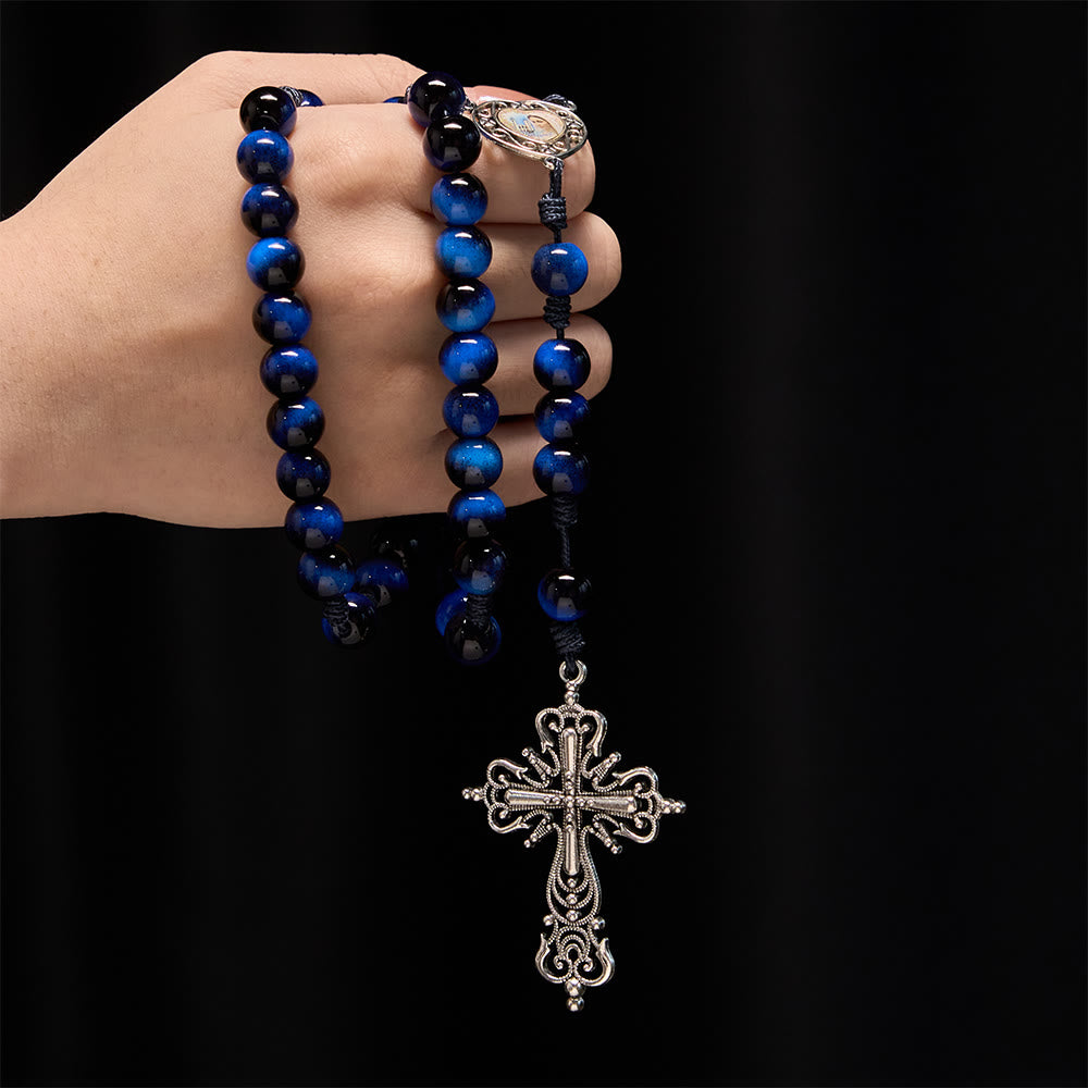 Christianartworkshop Rosenkranz aus blauem Tigerauge mit silberfarbenem Kruzifix: Ein Symbol für Gottes unerschütterliche Stärke - image 1